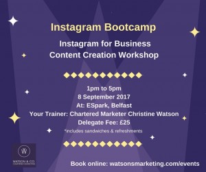 Instagram bootcamp Instagram for business content creation workshop Belfast InstaMeet September 2017 by Watson and Co Chartered Marketing trainer Chartered Marketer Christine Watson supported by features editor author and storyteller Tina Calder