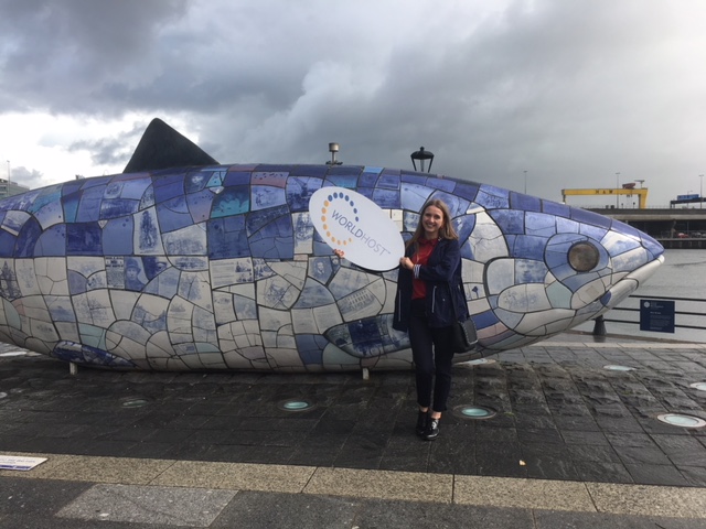 Erasmus Trainee Julia at the Big Fish in Belfast celebrating her WorldHost training achievement.