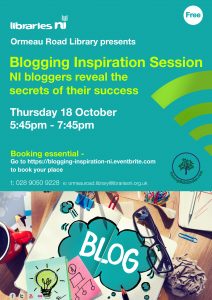 Poster of Blogging Inspiration Session in Libraries NI Ormeau Road Library by TrainingMatchmaker.com