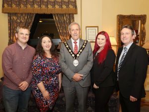 Pictured Ciaran Connolly (trainer Profile Tree), Christine Watson, Chartered Marketer at Watson & Co. Chartered Marketing (TrainingMatchmaker.com founder), Councillor Uel Mackin (Mayor of Lisburn & Castlereagh City Council), Tina Calder (trainer Excalibur Press), Jim O'Hagan (CEO Libraries NI)