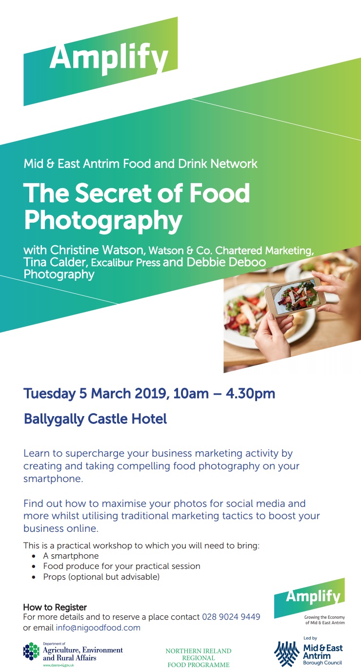 Food Photography training workshop Northern Ireland by Chartered Marketer Christine Watson founder of TrainingMatchmaker dot com for mid and east antrim borough council event promotional flyer image