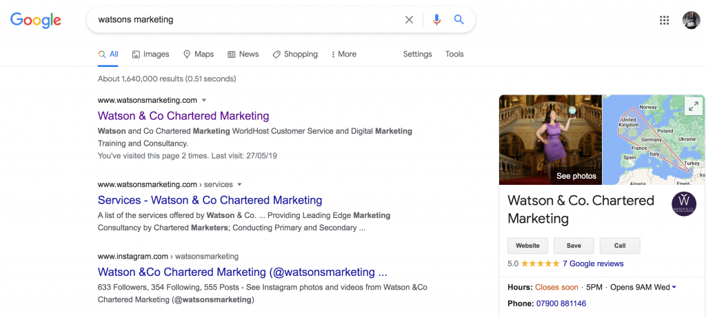 Google my business listing demonstration image featuring watson and co chartered marketing