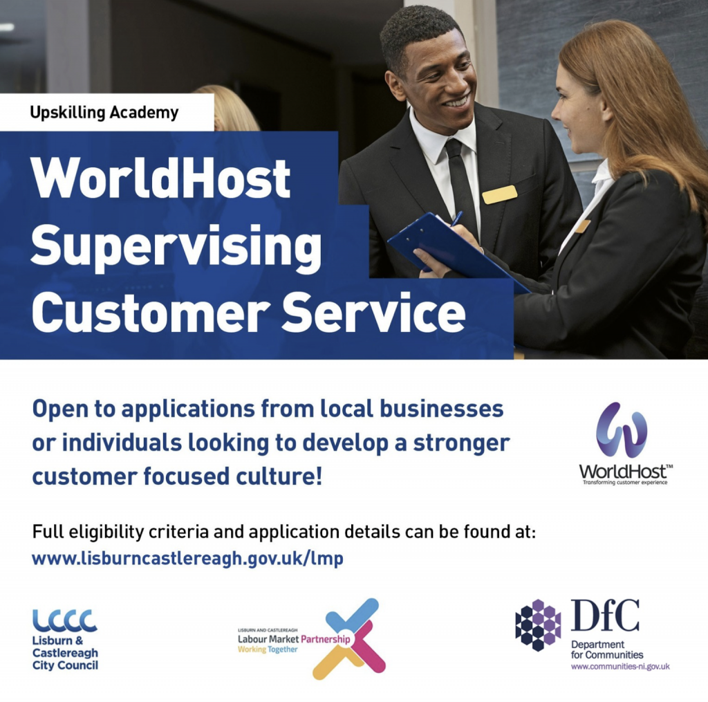 WorldHost supervising customer service workshop in Lisburn Civic Centre flyer for Lisburn and Castlereagh City Council Labour Market Partnership delivered by Licensed WorldHost trainer Chartered Marketer Christine Watson